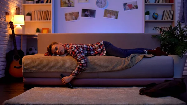 Drunk Teenager Sleeping Couch Holding Bottle Beer Alcohol Addiction — Stock Photo, Image