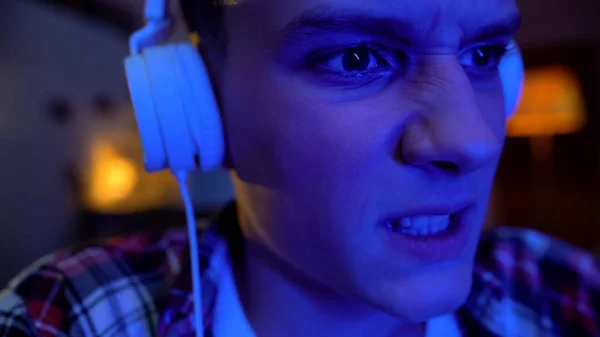 Emotional Teenager Playing Video Game Night Awkward Age Face Mimics — Stock Photo, Image