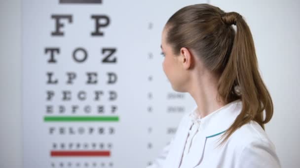 Female optometrist pointing at eye chart, vision test in ophthalmology clinic — Stock Video