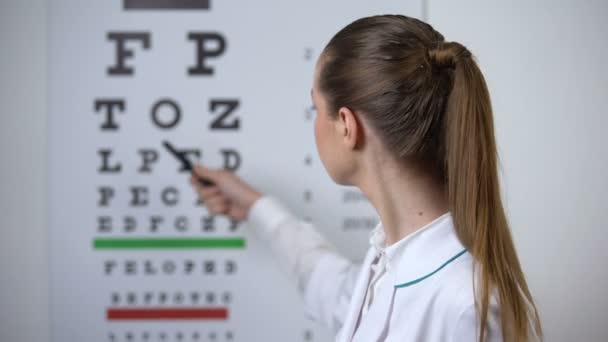 Pov Patient schwer auf dem Auge Diagramm konzentrieren, Optiker diagnostiziert verschwommenes Sehen — Stockvideo