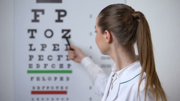 Paciente POV focando a visão no gráfico ocular, médico confirma exame de visão bem sucedida — Vídeo de Stock