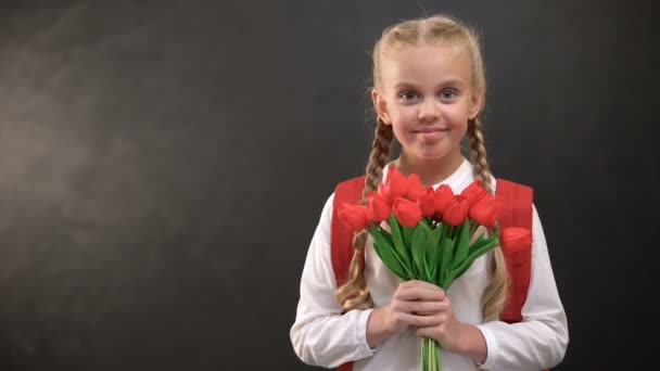 Pretty female first-grader holding tulips bouquet against blackboard background — Stock Video