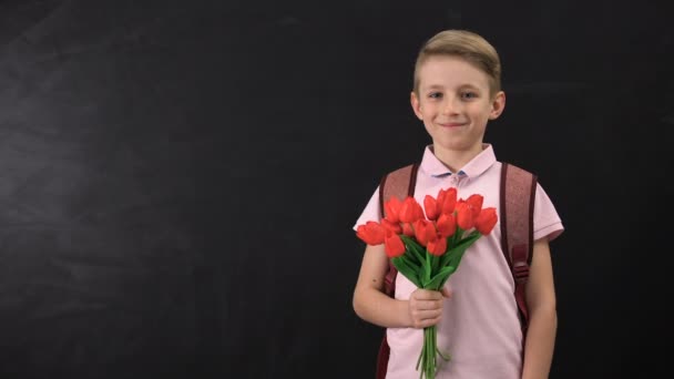 Boy Holding tulpaner stående nära Chalkboard, gratulerande läraren, första kärlek — Stockvideo