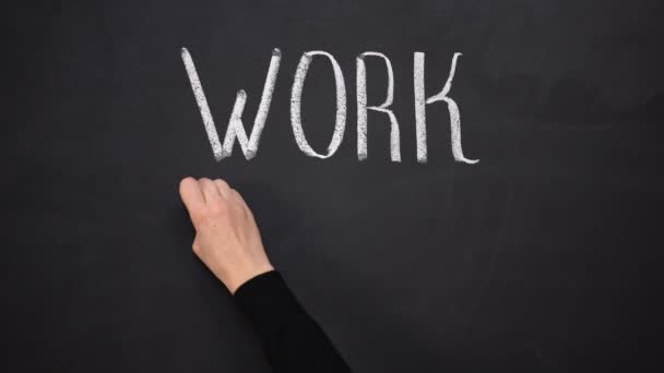 Tebeşir tahtasına yazılan iş kelimesi, iş faaliyetini planlama, zaman yönetimi — Stok video