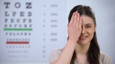 Gülümseyen kadın hasta tedaviden memnun el ile göz kapatarak, check-up