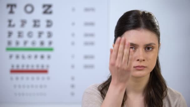 Расстроенная юная леди закрывает глаза рукой, проверка зрения, проблемы со зрением — стоковое видео