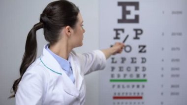 Profesyonel kadın optometrist göz haritası, görme muayenesi üzerinde harfler gösteren