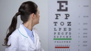 Lady optometrist kötü görme testi sonuçları ile üzgün, kaşlarını çatma ve başını sallayarak