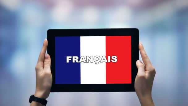 Female hands holding tablet with French word against national flag, online app — Stock Video