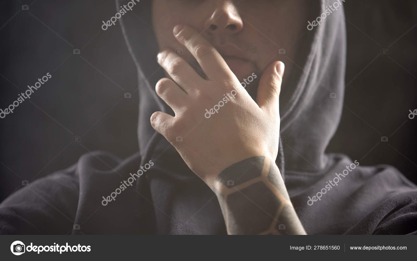 Dangerous Gangster Sitting Dark Room Full Smoke Planning