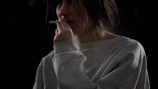 Stressed Young Woman Smoking Cigarette Unhealthy Habit Addiction Closeup — Stock Photo, Image