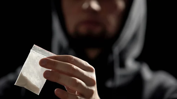 Drug Dealer Holding Cocaine Package Dark Room Illegal Deal Narcotic — Stock Photo, Image