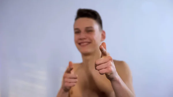 Smiling Teenager Making Choose You Gesture Bathroom Pretending Cool — Stock Photo, Image