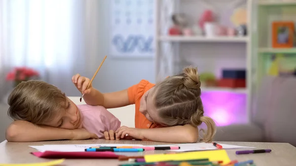 Playful Female Child Painting Sleeping Brothers Face Family Joke Fools — Stock Photo, Image