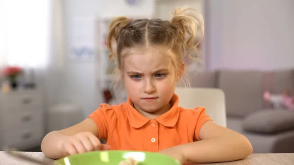 Girl Refuse Eating Breakfast Pushing Bowl Away Healthy Child Nutrition — Stock Photo, Image