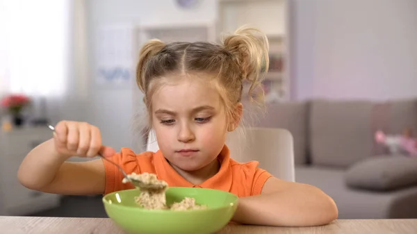 Unhappy Girl Looking Oatmeal Healthy Tasteless Nutrition Dieting — Stock Photo, Image