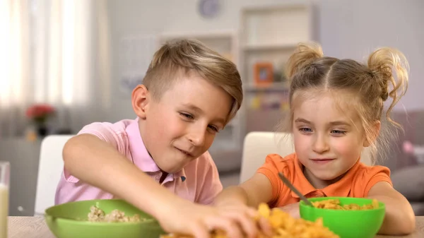 Cheerful Brother Sister Having Fun Food Happy Childhood Pranksters — Stock Photo, Image