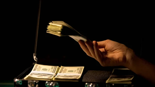 Hand Checking Dollars Suitcase Illegal Business Money Laundering Kickbacks — Stock Photo, Image