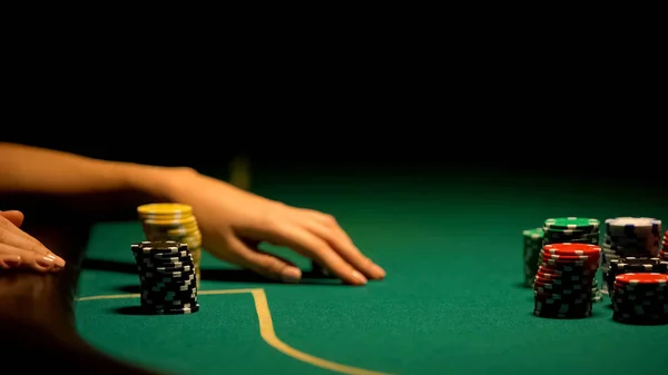 Woman Playing Poker Chips Lying Green Table Illegal Casino Vip — Stock Photo, Image