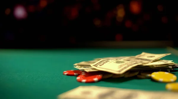 Poker Chips Dollars Lying Green Table Poker Blackjack Casino Games — Stock Photo, Image