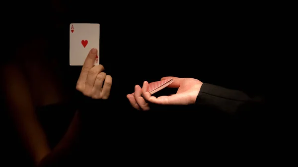 Man Holding Card Deck Woman Choosing Ace Hearts Showing Camera — Stock Photo, Image