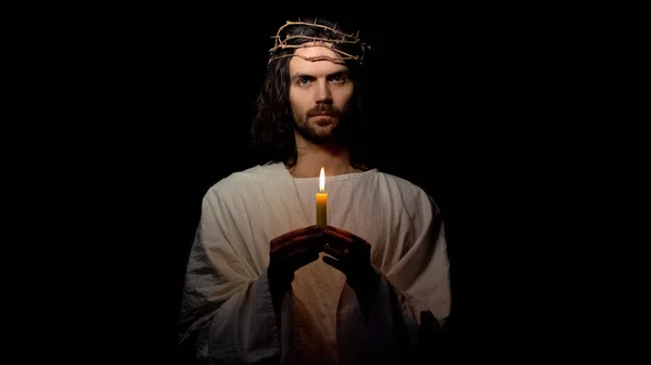 Jesuschrist Dornenkrone Mit Kerze Und Gebet Gottes Segen Hoffnung — Stockfoto