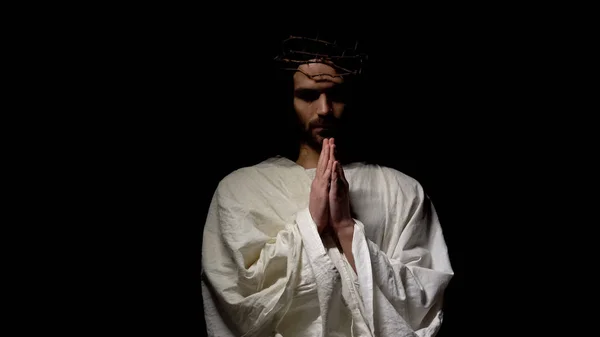 Jesus Der Dornenkrone Betet Der Dunkelheit Und Bittet Vater Gnade — Stockfoto