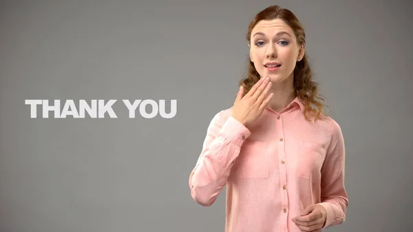 Mujer Diciendo Gracias Lenguaje Señas Texto Sobre Fondo Comunicación —  Fotos de Stock