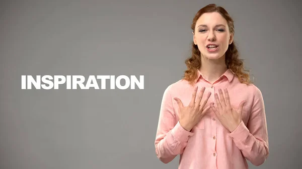 Frau Sagt Inspiration Gebärdensprache Text Über Hintergrund Kommunikation — Stockfoto