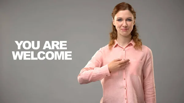Gehörlose Frauen Sagen Dass Sie Asl Willkommen Sind Text Auf — Stockfoto
