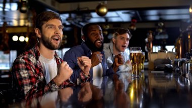 Mutlu spor taraftarları pub turnuva izlerken, favori takım için tezahürat, zafer