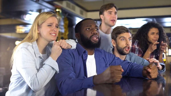 Multiracial Friends Watching Sports Bar Upset Losing Game Defeat — Stock Photo, Image