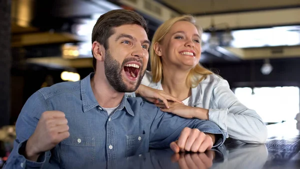 Happy Team Supporters Showing Yes Gesture Watching Sport Competition Fun — Stock Photo, Image