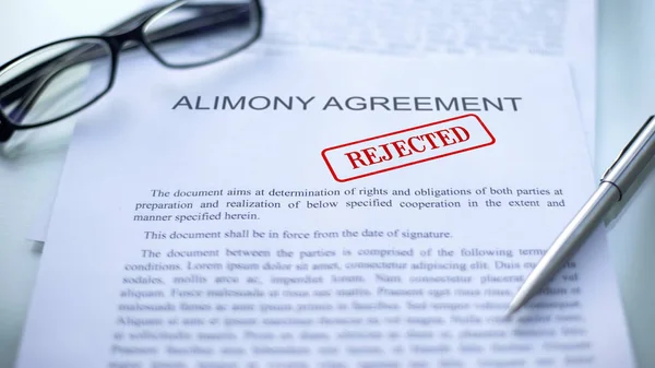 Acordo Alimony Rejeitado Selo Carimbado Documento Oficial Contrato Comercial — Fotografia de Stock