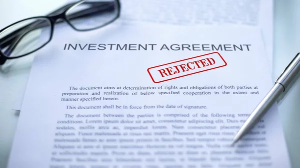 Investment Agreement Rejected Seal Stamped Official Document Business — Stock Photo, Image