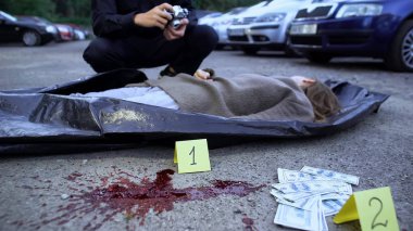 Investigation of woman murder and robbery, cash and blood stain evidence, police clipart