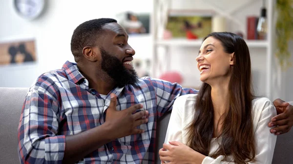 Laughing Mixed Race Couple Joking Having Funny Conversation Togetherness — Stock Photo, Image