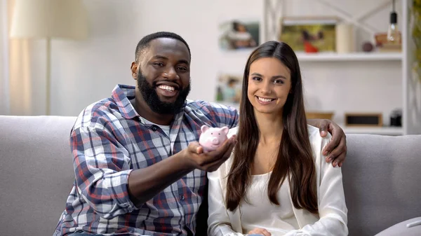 Black Man Pretty Woman Holding Piggy Bank Social Program Young — Stock Photo, Image