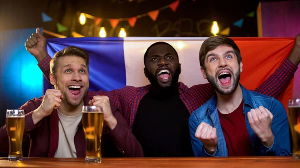 フランスの多民族男性が国旗大会を開催するナショナルチームの勝利を祝う — ストック写真