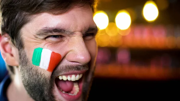 Joyful Italian Fan Flag Painted Cheek Screaming Team Scoring Goal — Stock Photo, Image