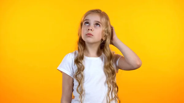 Pretty Schoolgirl Scratching Head Feeling Uncertain Choice Lack Ideas — Stock Photo, Image