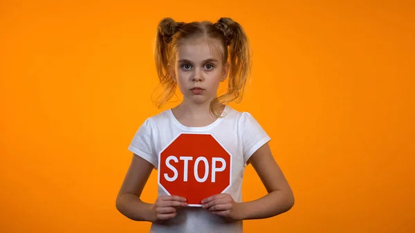 Beautiful Girl Holding Stop Sign Family Misbehavior Children Rights Protection — Stock Photo, Image