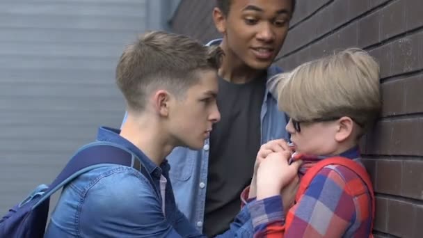 Violent multiracial teens attacking nerd schoolboy, social problem, cruelty — Stock Video