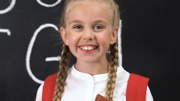 Opgewonden schoolmeisje met boek kijken naar camera, alfabet geschreven op Blackboard — Stockvideo