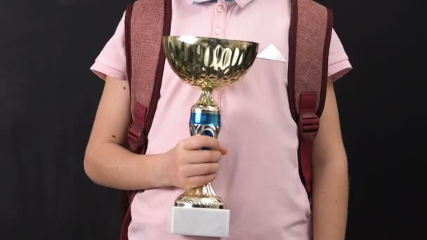 Happy skolpojke med ryggsäck Holding Challenge Cup, första akademiska resultat — Stockvideo