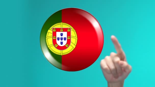 Θηλυκό χέρι ωθώντας Πορτογαλία σημαία κουμπί, ξένη γλώσσα σπουδές, εφαρμογή — Αρχείο Βίντεο