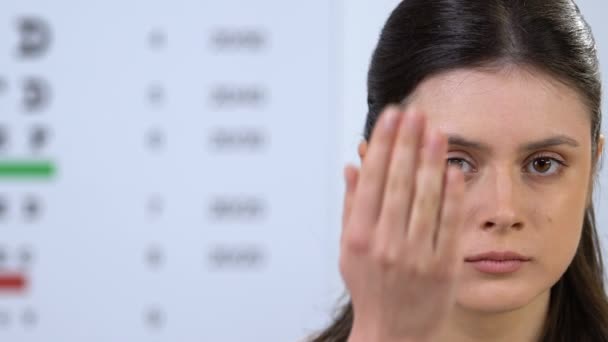 Femme fermant les yeux avec la main, vérifiant la vision sur rendez-vous en ophtalmologie — Video