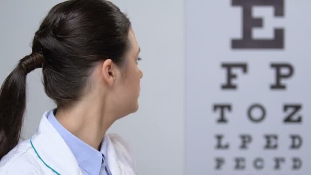 Офтальмолог показывает буквы на глазной карте, осмотр зрения отрицательный результат — стоковое видео