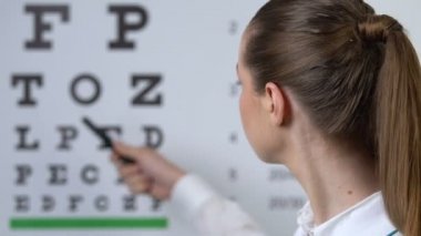 Grafikte harfi işaret eden profesyonel kadın oculist, ileri görüşlülük hastalığı