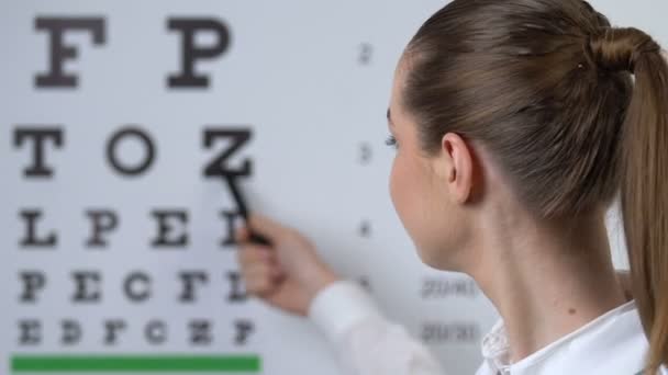 Female oculist pointing letter test chart, eyesight examination, vision checkup — Stock Video